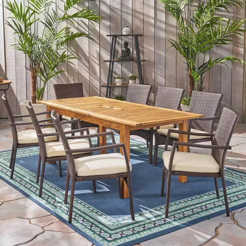 Conjunto de comedor extensible para exterior Christopher Knight Home Davenport de 9 piezas, de madera de acacia y mimbre, con cojín