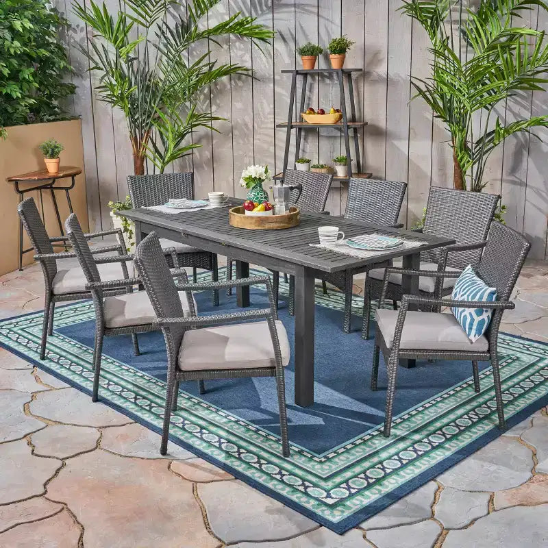 Conjunto de comedor extensible para exterior Christopher Knight Home Davenport de 9 piezas, de madera de acacia y mimbre, con cojín