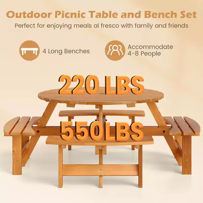 Conjunto de mesa de picnic redonda para 8 personas de Costway con 4 bancos incorporados y 2 orificios para sombrilla, marrón/amarillo
