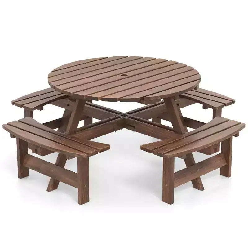 Conjunto de mesa de picnic redonda para 8 personas de Costway con 4 bancos incorporados y 2 orificios para sombrilla, marrón/amarillo