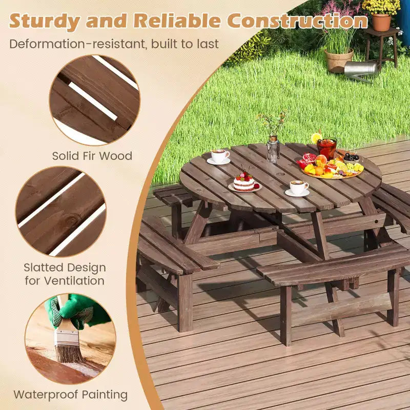 Conjunto de mesa de picnic redonda para 8 personas de Costway con 4 bancos incorporados y 2 orificios para sombrilla, marrón/amarillo