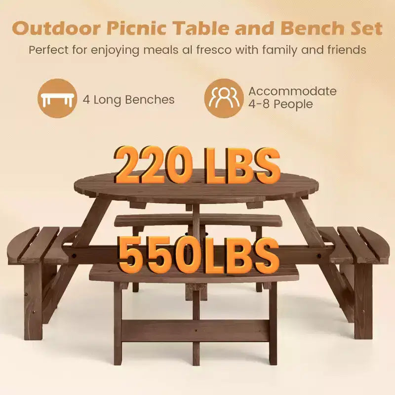 Conjunto de mesa de picnic redonda para 8 personas de Costway con 4 bancos incorporados y 2 orificios para sombrilla, marrón/amarillo