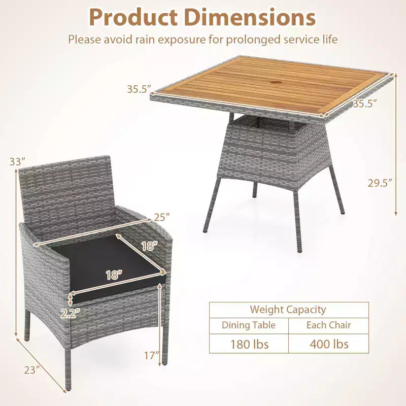 Set da pranzo da patio Costway da 5 pezzi in vimini PE, con cuscini e foro per ombrellone da 1,97