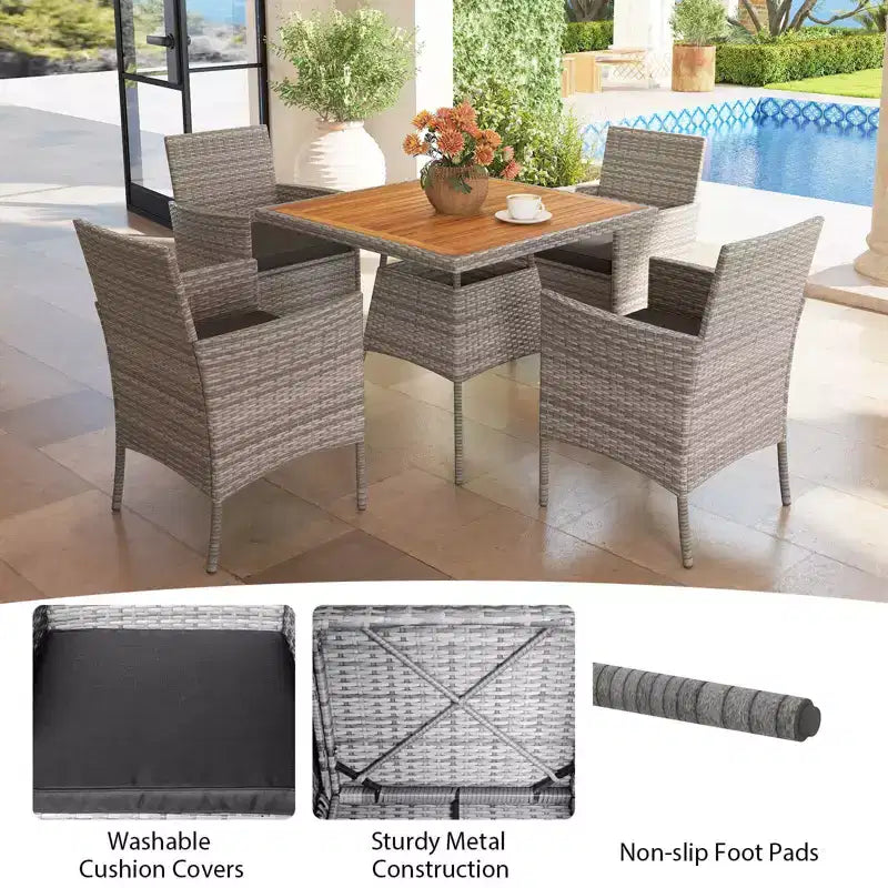 Set da pranzo da patio Costway da 5 pezzi in vimini PE, con cuscini e foro per ombrellone da 1,97