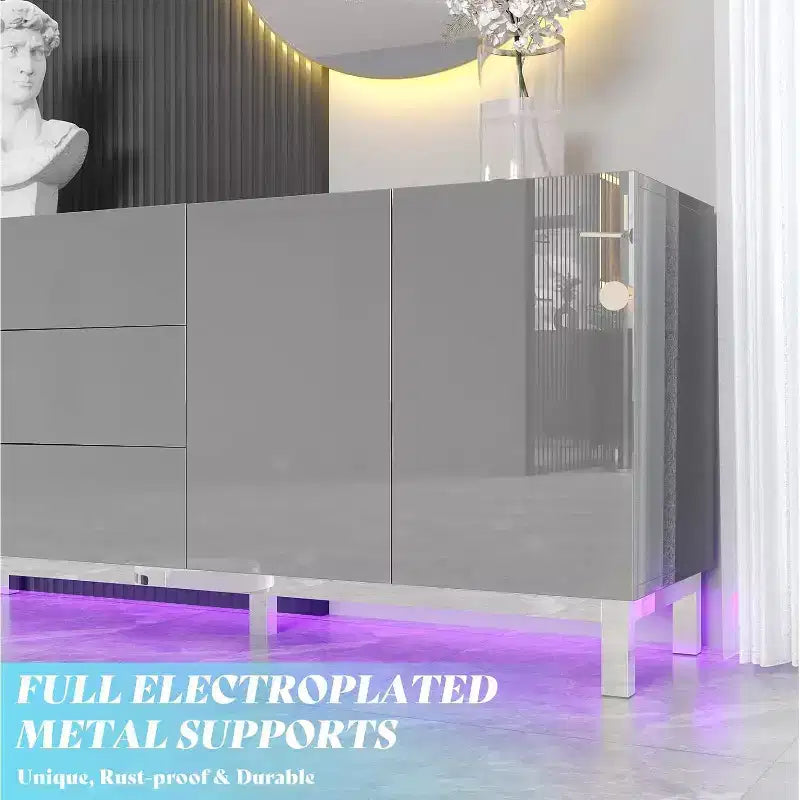 High Gloss Electroplated Sideboard Buffet with LED Lights, 63"