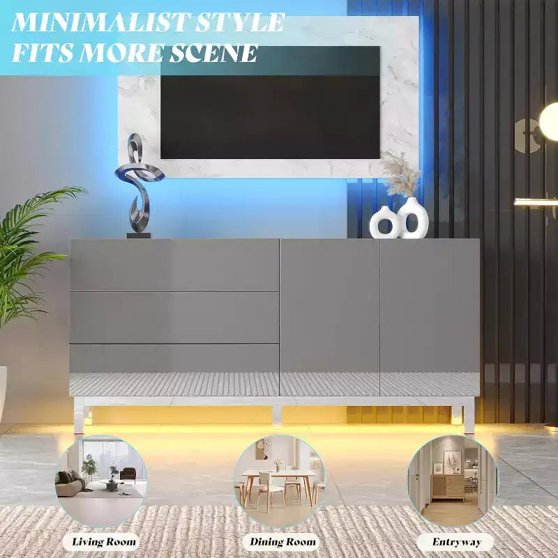 High Gloss Electroplated Sideboard Buffet with LED Lights, 63"