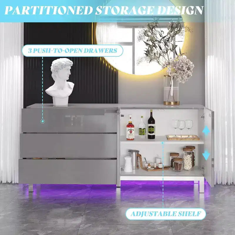 High Gloss Electroplated Sideboard Buffet with LED Lights, 63"