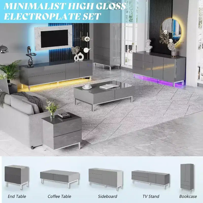 High Gloss Electroplated Sideboard Buffet with LED Lights, 63"