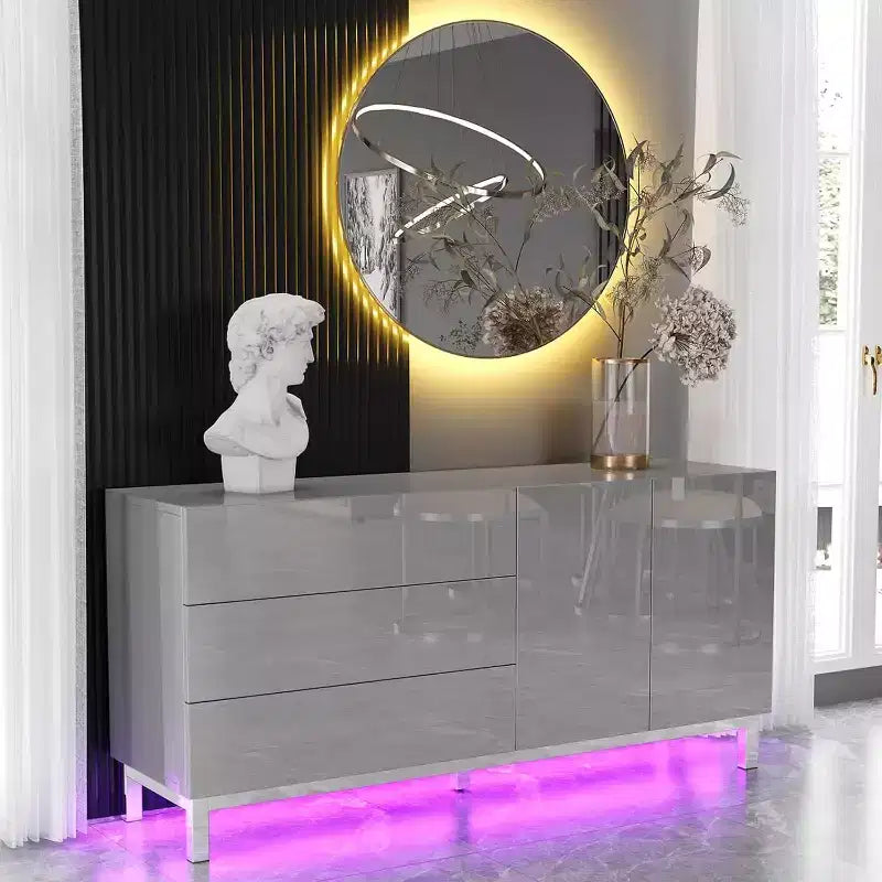 High Gloss Electroplated Sideboard Buffet with LED Lights, 63"