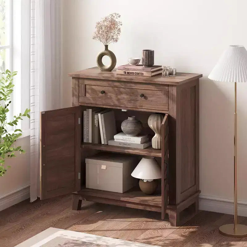Rustic Storage Cabinet 31.5 Adjustable 3-Tier, Farmhouse Entryway Organizer with Slatted Doors