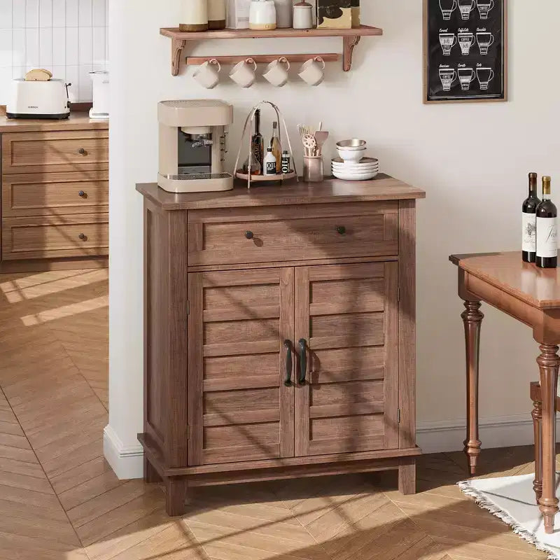 Rustic Storage Cabinet 31.5 Adjustable 3-Tier, Farmhouse Entryway Organizer with Slatted Doors