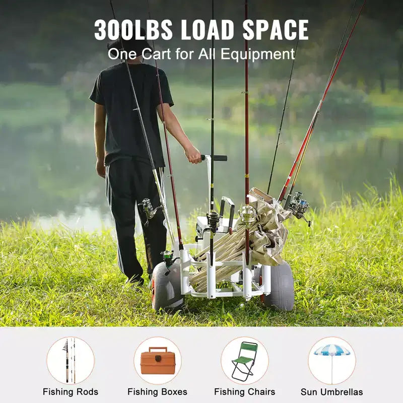 Beach Fishing Cart, 300 lbs Load Capacity, Heavy-Duty Aluminum Pier Wagon with 13" PU Balloon Tires