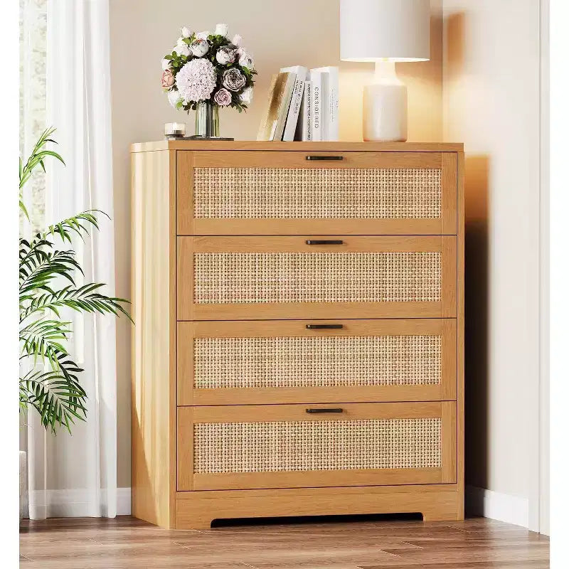 Rattan Dresser with 4 Drawers, Chest of Drawers Storage, Modern Wooden Dresser for Bedroom, for Bedroom, Entryway, Hallway