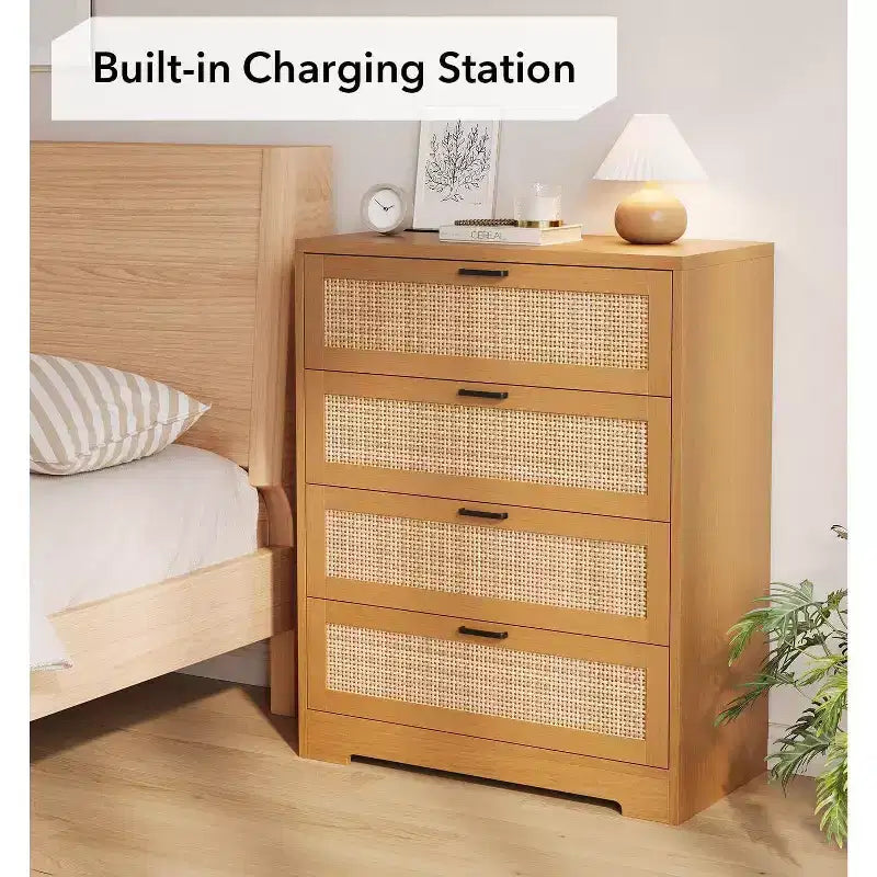 Rattan Dresser with 4 Drawers, Chest of Drawers Storage, Modern Wooden Dresser for Bedroom, for Bedroom, Entryway, Hallway