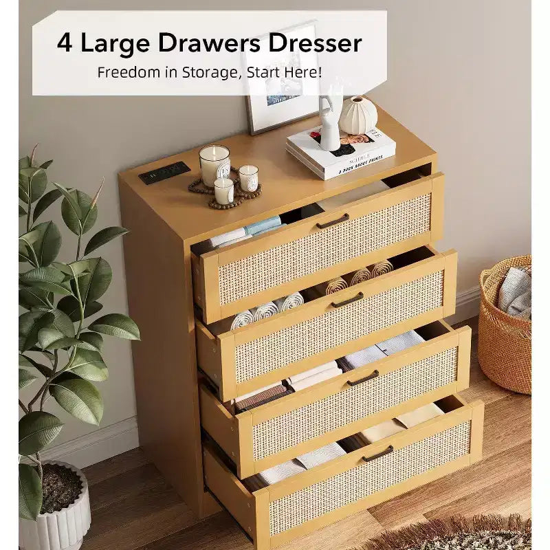 Rattan Dresser with 4 Drawers, Chest of Drawers Storage, Modern Wooden Dresser for Bedroom, for Bedroom, Entryway, Hallway