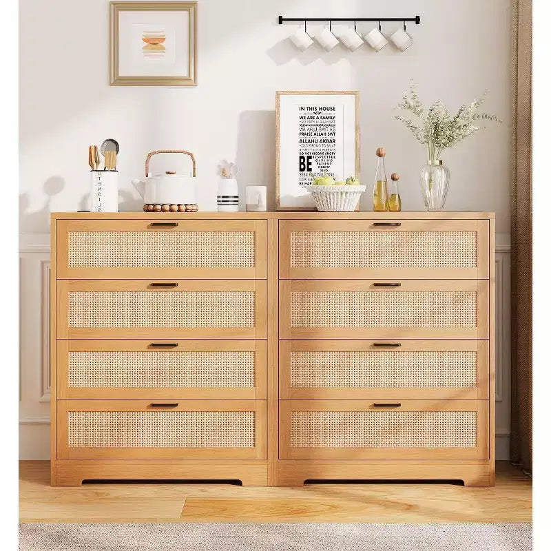 Rattan Dresser with 4 Drawers, Chest of Drawers Storage, Modern Wooden Dresser for Bedroom, for Bedroom, Entryway, Hallway