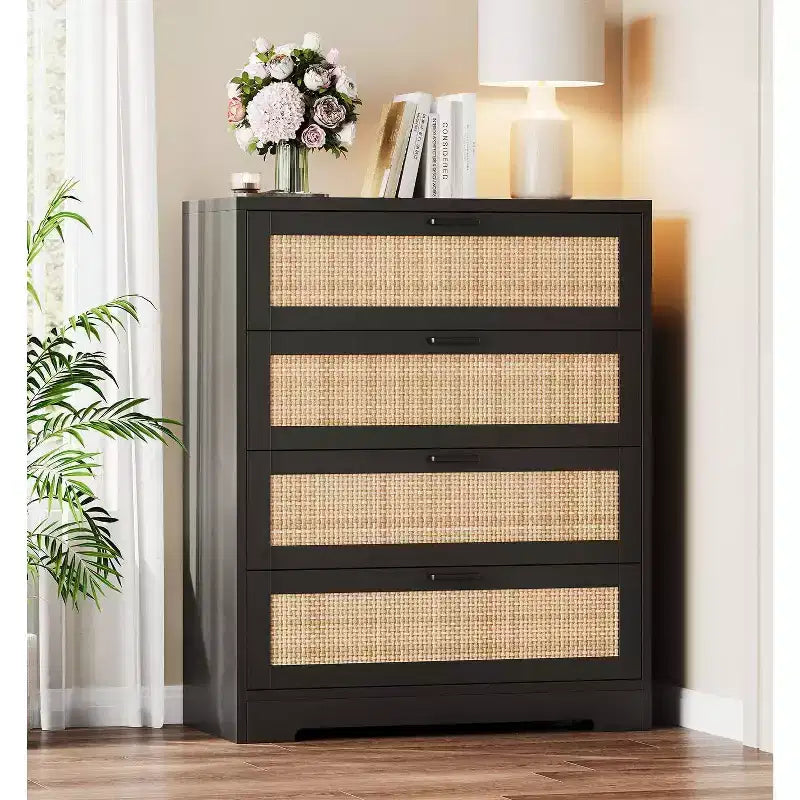 Rattan Dresser with 4 Drawers, Chest of Drawers Storage, Modern Wooden Dresser for Bedroom, for Bedroom, Entryway, Hallway