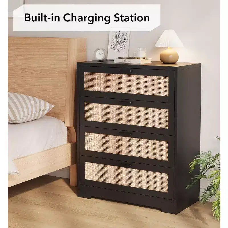 Rattan Dresser with 4 Drawers, Chest of Drawers Storage, Modern Wooden Dresser for Bedroom, for Bedroom, Entryway, Hallway
