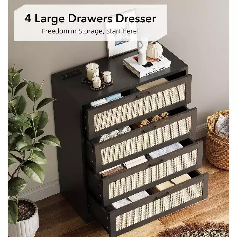 Rattan Dresser with 4 Drawers, Chest of Drawers Storage, Modern Wooden Dresser for Bedroom, for Bedroom, Entryway, Hallway