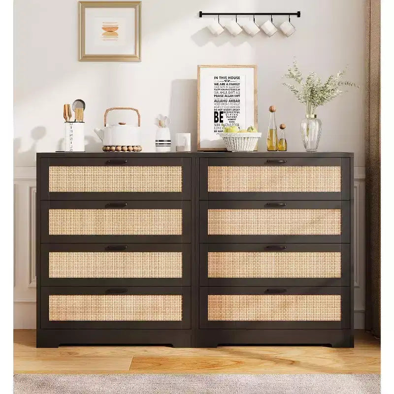 Rattan Dresser with 4 Drawers, Chest of Drawers Storage, Modern Wooden Dresser for Bedroom, for Bedroom, Entryway, Hallway
