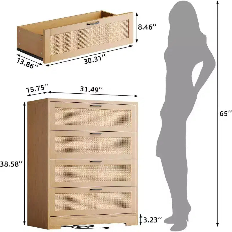 Rattan Dresser with 4 Drawers, Chest of Drawers Storage, Modern Wooden Dresser for Bedroom, for Bedroom, Entryway, Hallway