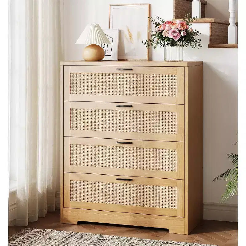 Rattan Dresser with 4 Drawers, Chest of Drawers Storage, Modern Wooden Dresser for Bedroom, for Bedroom, Entryway, Hallway