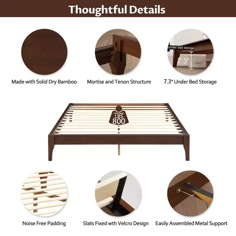 King/Queen Size Platform Bed, Solid Dry Bamboo Wood Bed Frame with Upholstered High Headboard, Easy Assembly