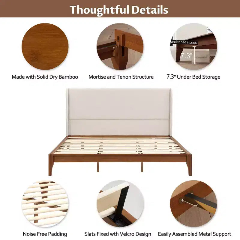 King/Queen Size Platform Bed, Solid Dry Bamboo Wood Bed Frame with Upholstered High Headboard, Easy Assembly