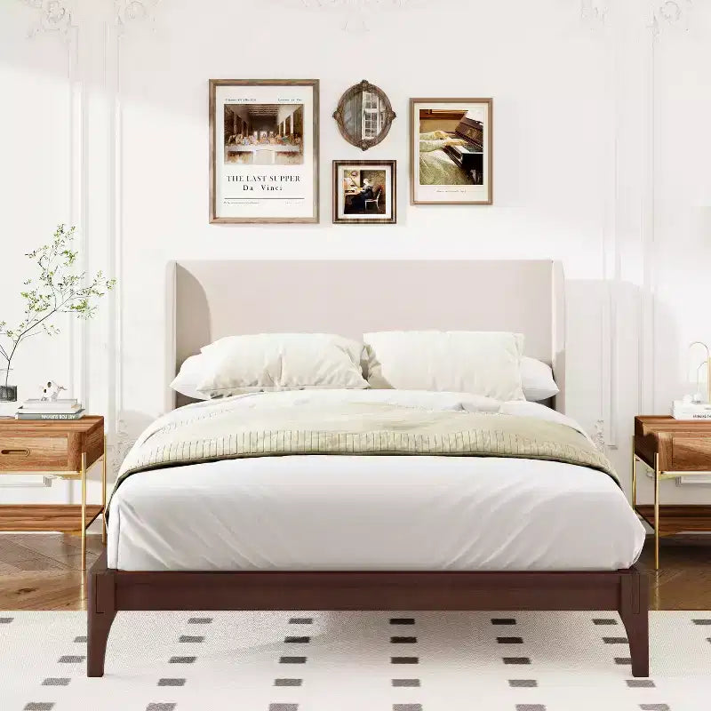 King/Queen Size Platform Bed, Solid Dry Bamboo Wood Bed Frame with Upholstered High Headboard, Easy Assembly