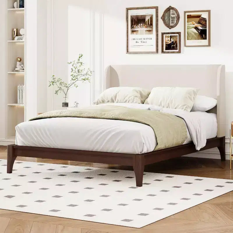 King/Queen Size Platform Bed, Solid Dry Bamboo Wood Bed Frame with Upholstered High Headboard, Easy Assembly