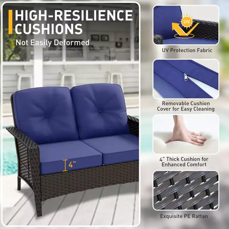 EAGLE PEAK 4 Piece Patio Rattan Furniture Conversation Set, Wicker Outdoor Couch and Chairs Set with Coffee Table