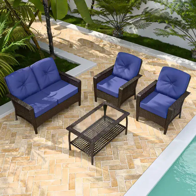 EAGLE PEAK 4 Piece Patio Rattan Furniture Conversation Set, Wicker Outdoor Couch and Chairs Set with Coffee Table