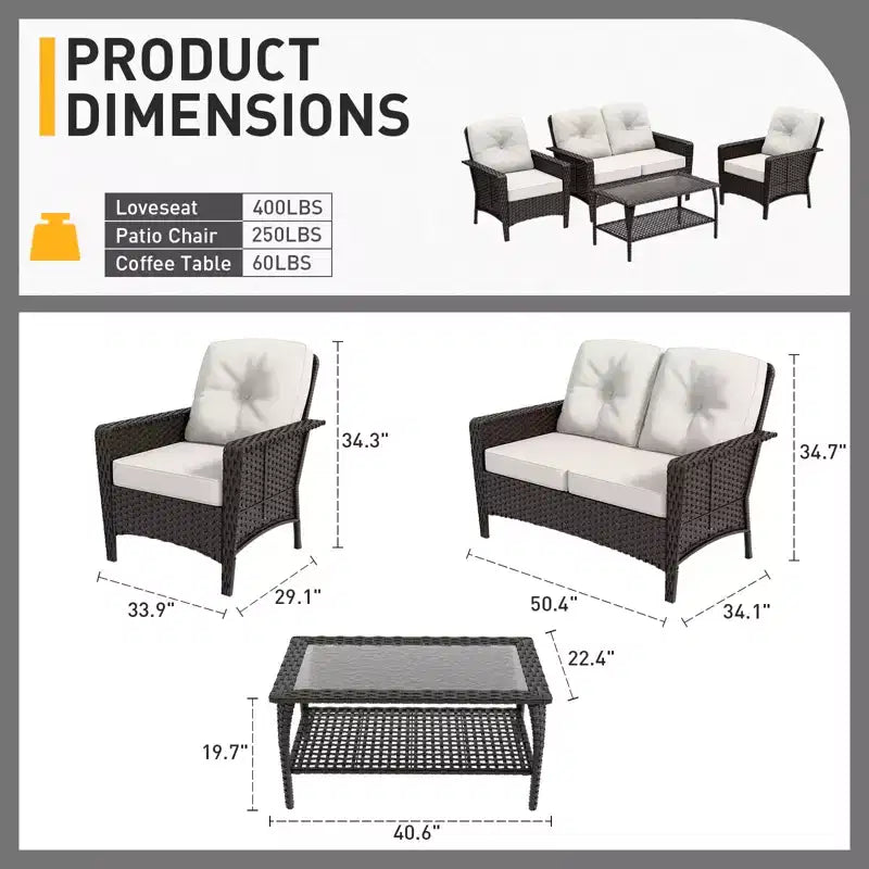 EAGLE PEAK 4 Piece Patio Rattan Furniture Conversation Set, Wicker Outdoor Couch and Chairs Set with Coffee Table