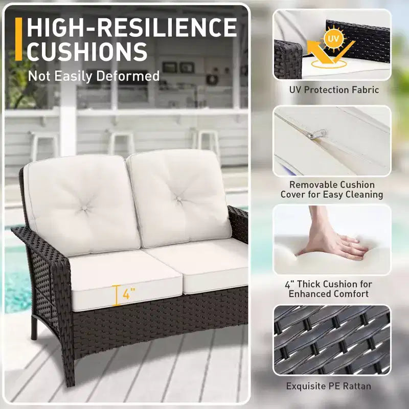 EAGLE PEAK 4 Piece Patio Rattan Furniture Conversation Set, Wicker Outdoor Couch and Chairs Set with Coffee Table