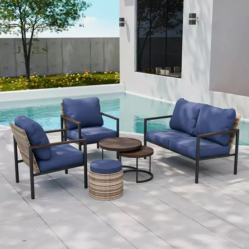 EAGLE PEAK Sunset Dune 6-teiliges Set moderner Gartenmöbel, Lounge-Set aus Patio-Geflecht in Holzoptik