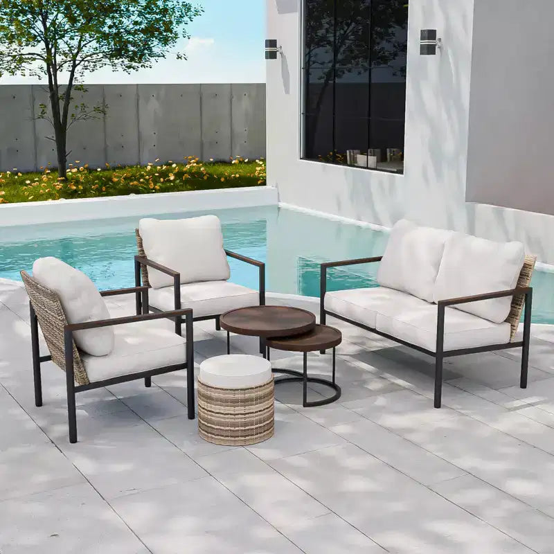 EAGLE PEAK Sunset Dune 6-teiliges Set moderner Gartenmöbel, Lounge-Set aus Patio-Geflecht in Holzoptik