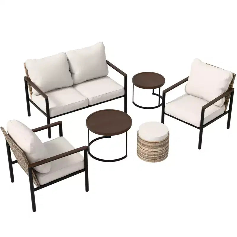 EAGLE PEAK Sunset Dune 6-teiliges Set moderner Gartenmöbel, Lounge-Set aus Patio-Geflecht in Holzoptik