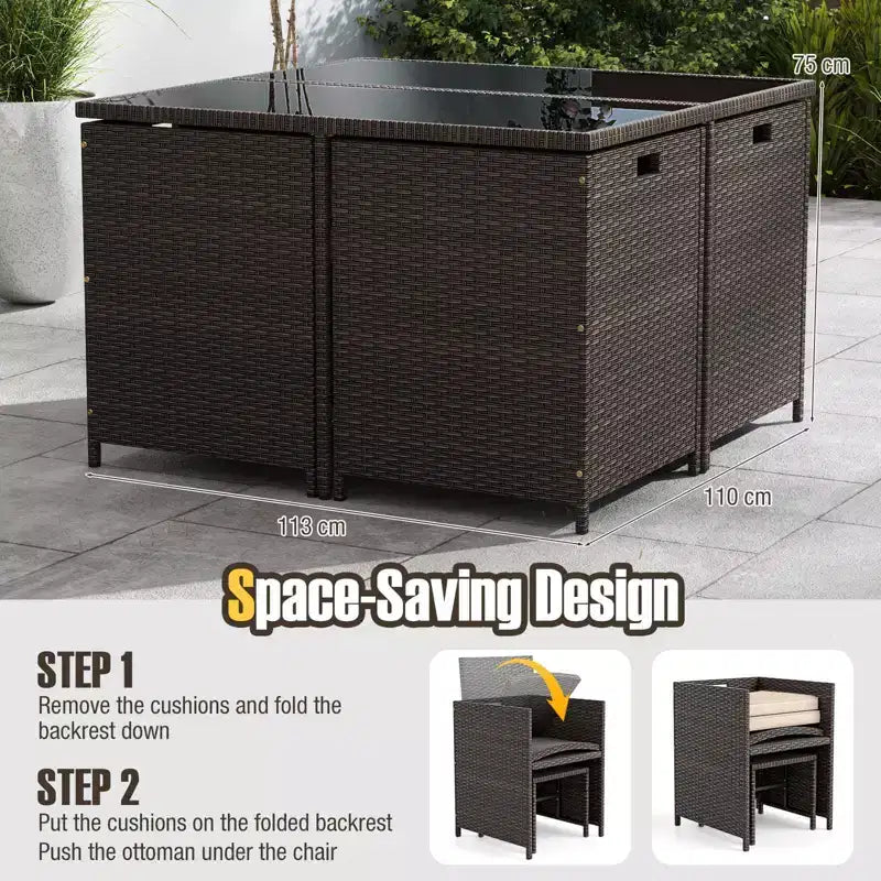 Ensemble repas de terrasse Costway 9 pièces avec table en verre trempé et coussins amovibles de pouf, blanc cassé/beige