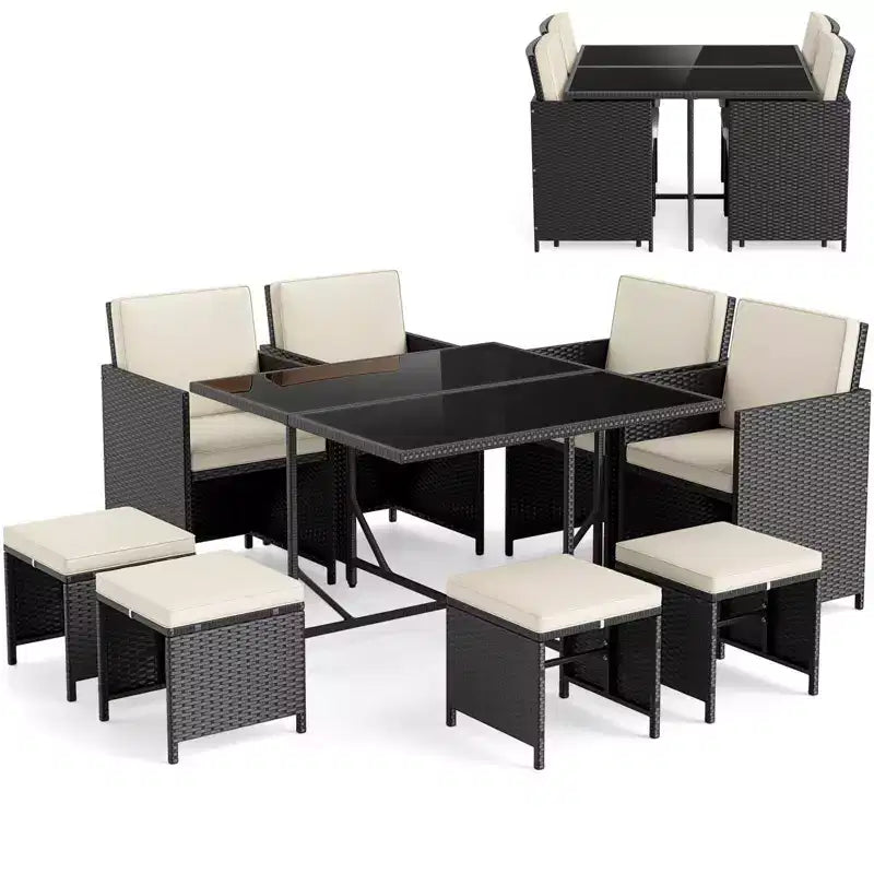 Ensemble repas de terrasse Costway 9 pièces avec table en verre trempé et coussins amovibles de pouf, blanc cassé/beige