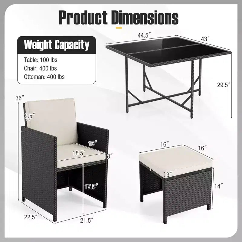 Ensemble repas de terrasse Costway 9 pièces avec table en verre trempé et coussins amovibles de pouf, blanc cassé/beige