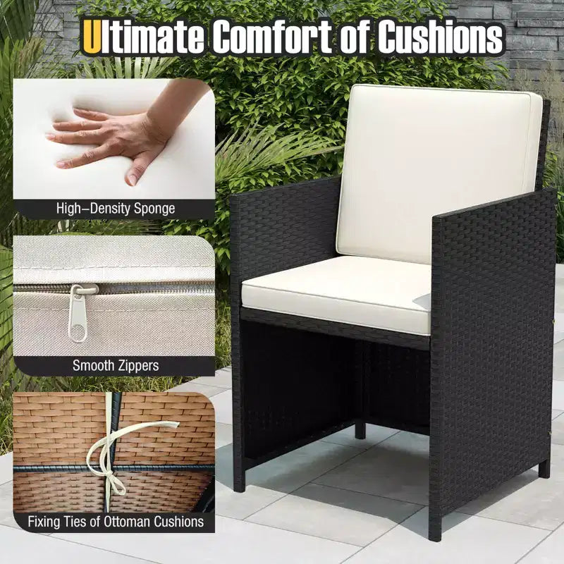 Ensemble repas de terrasse Costway 9 pièces avec table en verre trempé et coussins amovibles de pouf, blanc cassé/beige