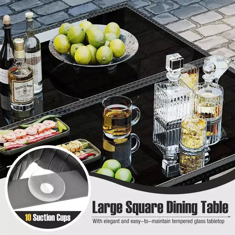Ensemble repas de terrasse Costway 9 pièces avec table en verre trempé et coussins amovibles de pouf, blanc cassé/beige