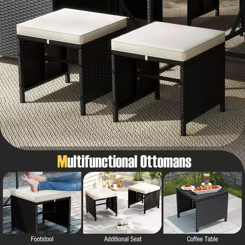 Ensemble repas de terrasse Costway 9 pièces avec table en verre trempé et coussins amovibles de pouf, blanc cassé/beige