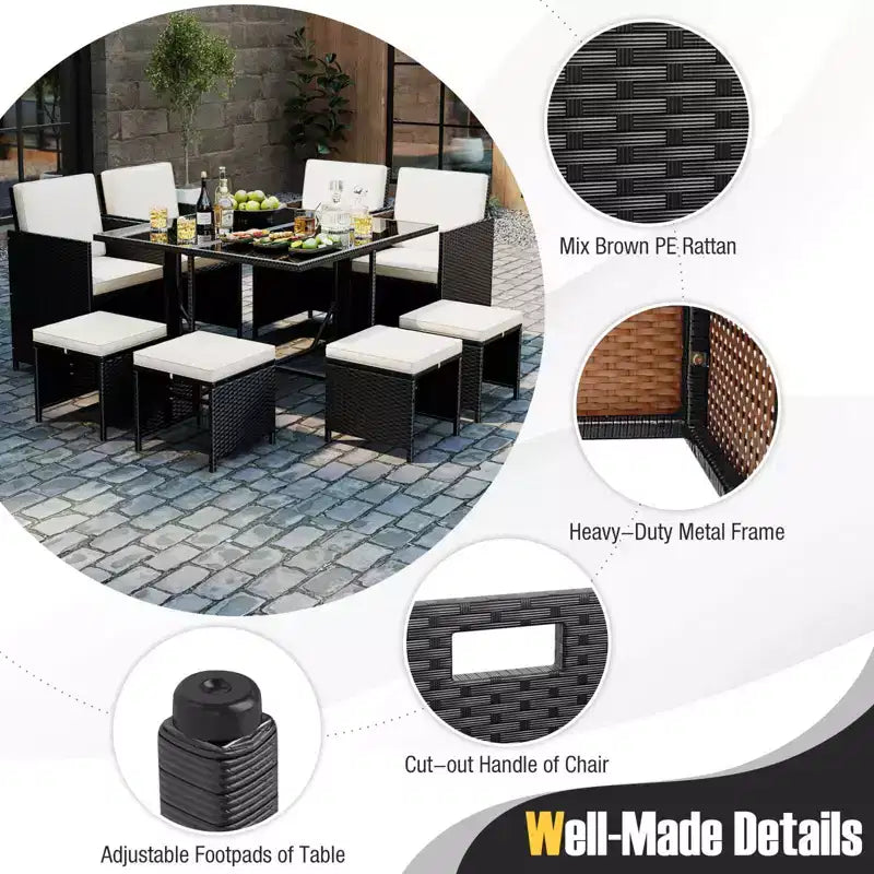 Ensemble repas de terrasse Costway 9 pièces avec table en verre trempé et coussins amovibles de pouf, blanc cassé/beige