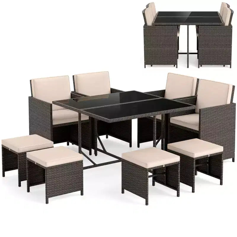 Ensemble repas de terrasse Costway 9 pièces avec table en verre trempé et coussins amovibles de pouf, blanc cassé/beige