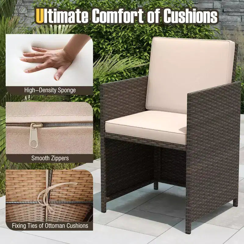 Ensemble repas de terrasse Costway 9 pièces avec table en verre trempé et coussins amovibles de pouf, blanc cassé/beige
