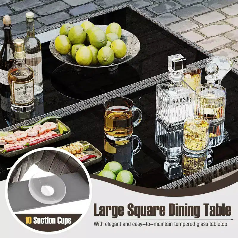 Ensemble repas de terrasse Costway 9 pièces avec table en verre trempé et coussins amovibles de pouf, blanc cassé/beige