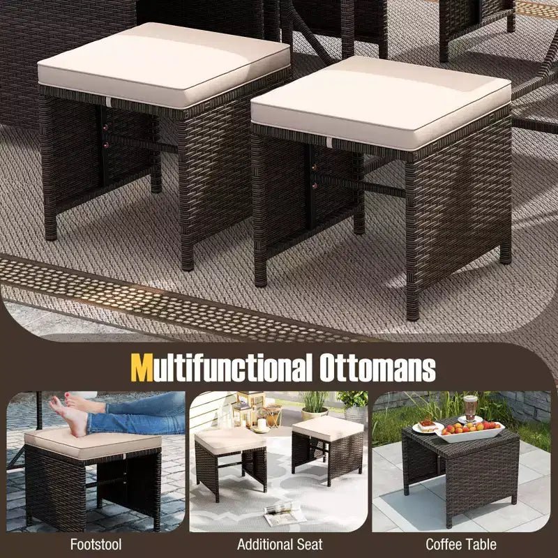 Ensemble repas de terrasse Costway 9 pièces avec table en verre trempé et coussins amovibles de pouf, blanc cassé/beige