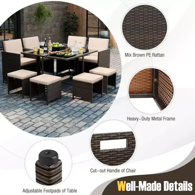 Ensemble repas de terrasse Costway 9 pièces avec table en verre trempé et coussins amovibles de pouf, blanc cassé/beige