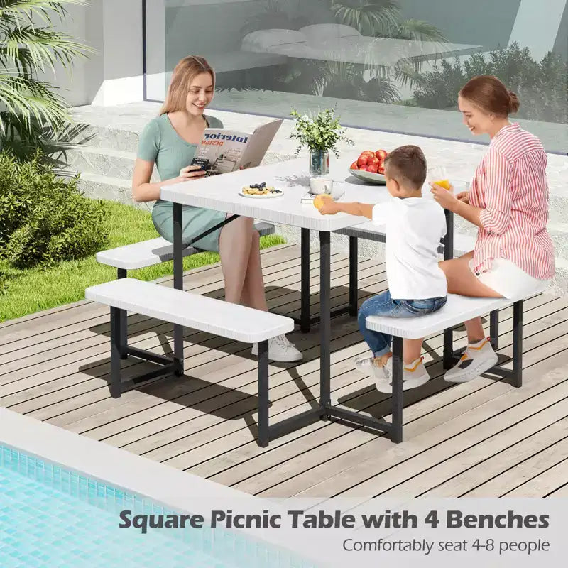 Costway Picnic Table Bench Set for 4-8 People with Umbrella Hole All-Weather HDPE Tabletop Black/Gray/Green/White